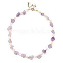 Raw Natural Amethyst Nuggets & Potato Natural Pearl Beaded Necklaces for Women&nbsp;NJEW-JN06480