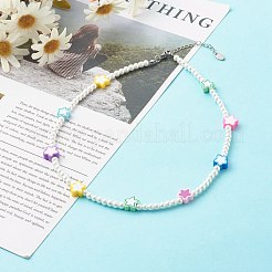 子供のためのガラスパールラウンドビーズネックレス  ポリマークレイスタービーズ付き  カラフル  16.06インチ（40.8cm）&nbsp;NJEW-JN03604
