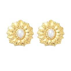 304ステンレススチールプラスチック模造真珠スタッドピアス  花  ゴールドカラー  30.5x30mm&nbsp;EJEW-U070-01G