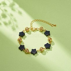 スター シンセティック ブルー ゴールドストーン リンク ブレスレット  女性のための中空の性別記号合金ラウンド ビーズ ブレスレット  ゴールドカラー  7-1/2インチ（19cm）&nbsp;BJEW-JB08751