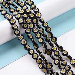 ハンドメイドミッレフィオーリガラスフラットラウンドビーズ連売り  シングルフラワーデザイン  ブラック  8x4mm  穴：1mm  約53個/連  14.7インチ&nbsp;X-LK-P011-20