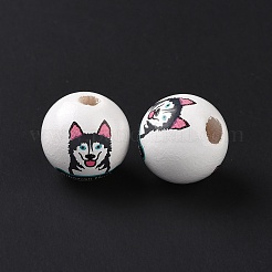プリントウッドヨーロピアンビーズ  大穴ビーズ  シベリアン ハスキー犬の模様とラウンド  ブラック  15.5~16x14.5~15mm  穴：4.6mm&nbsp;WOOD-B005-02C