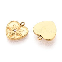 304ステンレススチールチャーム  ラインストーン付き  ハート  スター  14KGP本金メッキ  13x12x2.5mm  穴：1.5mm&nbsp;STAS-N109-176G