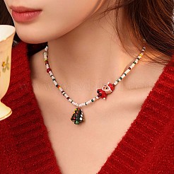 Christmas Tree Acrylic Pendant Santa Claus and Glass Seed Beaded Necklaces for Women&nbsp;FS-WGC89DE-01