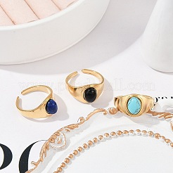 304ステンレススチールオープンカフリング  女性用楕円形天然宝石リング  18KGP本金メッキ  イオンプレーティング（ip）  11mm  調整可能&nbsp;RJEW-Z078-19G
