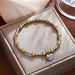 304ステンレススチールチャームブレスレット  女性用ラウンドビーズストレッチブレスレット  ゴールデン·ステンレス鋼色  ハート  内径：2.36インチ（6cm）&nbsp;FS-WGA0F88-01
