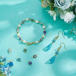 30個 5色 ハンドメイド イーブルアイ ランプワーク リンク コネクター  304ステンレススチール製金具付き  フラットラウンド  ミックスカラー  12.5x7x2.5mm  穴：1.5mm  6個/カラー&nbsp;STAS-UN0030-88