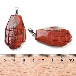 天然レッドジャスパー彫刻ペンダント  プラチナトーンのメタルスナップオンベイル付きハンドチャーム  44x23x5mm  穴：7x4mm&nbsp;G-K369-01P-11