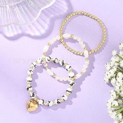 女性用プリント磁器ビーズ、合成ヘマタイトビーズ、ABS樹脂パール、316サージカルステンレススチール製ハート型ストレッチブレスレットセット（3種類）3個  ブラック  7.28~7.48インチ（18.5~190cm）  内径：2.17インチ（5.5cm）  1個/スタイル&nbsp;BJEW-JB14204-01