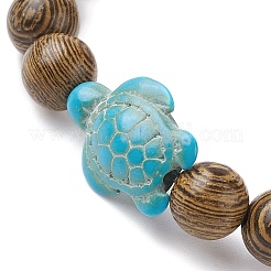 Natural Wood Round & Synthetic Turquoise Turtle Beaded Stretch Bracelet for Women&nbsp;BJEW-JB09699-06