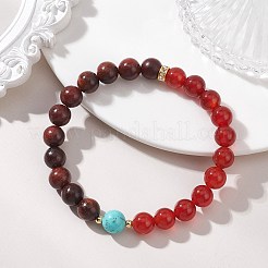 8.5mmの天然カーネリアン、合成ターコイズ、木製ラウンドビーズを使用したストレッチブレスレット（女性・女の子向け）  ゴールドカラー  内径：2.24インチ（5.7cm）&nbsp;BJEW-TA00719