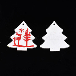 クリスマスのテーマ スプレー塗装の木製ペンダント  片面プリント  トナカイ/クワガタのクリスマス ツリー  ホワイト  49x43x2.5mm  穴：2mm&nbsp;WOOD-N005-53A