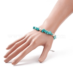Synthetic Turquoise(Dyed) Chips & Imitation Pearl Beaded Bracelet with Alloy Turtle Charm&nbsp;BJEW-TA00145