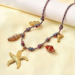 Summer Beach 304 Stainless Steel & Electroplated Natural Shell Pendant Adjustable Polyester Cord Necklaces for Women&nbsp;NJEW-F348-01C-G