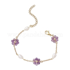 天然宝石とシェルパールビーズリンクブレスレットセット（女性用）4個  花  ゴールドカラー  7-1/8インチ（18cm）&nbsp;BJEW-TA00556