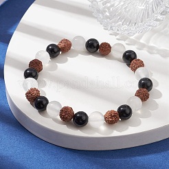 Natural Rudraksha & Selenite & Eyeless Obsidian Beaded Stretch Bracelets&nbsp;BJEW-JB10115-01