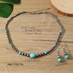 Synthetic Turquoise & CCB Plastic Round Beaded Necklaces & Dangle Earrings Sets&nbsp;WG1B28D-01