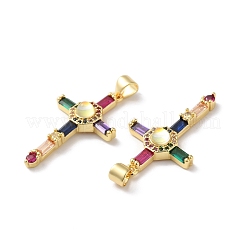 ラックメッキ真鍮製キュービックジルコニアチャーム  鉛フリー＆カドミウムフリー  長持ちする18KGP本金メッキ  宗教クロスチャーム  カラフル  30.5x18x6mm  穴：4x3.5mm&nbsp;KK-D074-10G