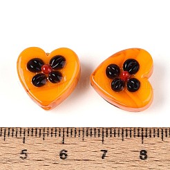 手作りランプワークビーズ  手描きのビーズ  花とハート  オレンジ  15~16x16~17x8~10mm  穴：1.2~1.6mm&nbsp;LAMP-ZX003-17-02