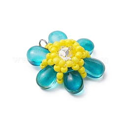 ビーズの花のチャーム  ラインストーンとガラスのシードビーズペンダント  丸カン付き  ディープスカイブルー  21.5x23x8mm  穴：3mm&nbsp;PALLOY-MZ00438-05