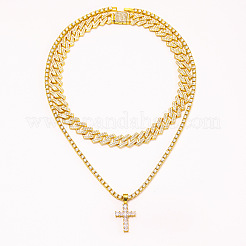 2Pcs Cross Zinc Alloy Clear Cubic Zirconia Pendant Double Layer Necklaces for Women Men&nbsp;FS-WG0C5CD-01