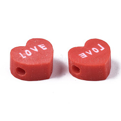 手作り樹脂粘土ビーズ  単語「love」付けのハート  ファイヤーブリック  8~8.5x9~9.5x4.5mm  穴：1.8mm&nbsp;X-CLAY-N008-032D