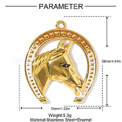 304ステンレススチールエナメルペンダント  馬のチャームが付いた馬蹄  イオンプレーティング（ip）  18KGP本金メッキ  ホワイト  36x31mm&nbsp;STAS-OY002-35G