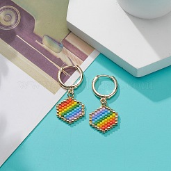 Rainbow Color Japanese Seed Braided Hexagon Dangle Hoop Earrings&nbsp;EJEW-MZ00005