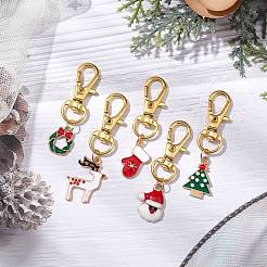 クリスマステーマ合金エナメルペンダント装飾5個  バックパックのキーチェーンの装飾品として使える回転式ロブスター クロー クラスプ チャーム  鹿/サンタクロース/クリスマスツリー  ゴールドカラー  45.5~54.5mm&nbsp;HJEW-JM02274