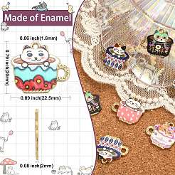 30個6スタイルアロイエナメルペンダント  猫チャーム付きカップ  ライトゴールド  ミックスカラー  20x22.5x2mm  穴：1.6mm  5個/スタイル&nbsp;ENAM-CJ0003-38