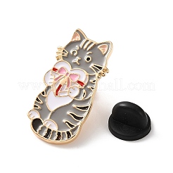 ピンクのリボンが付いた猫の形をしたプレゼント用エナメルピン  バックパック用合金ラペルピンバック  ゴールドカラー  濃いグレー  30.5x15mm&nbsp;AL-CBAC438-01G