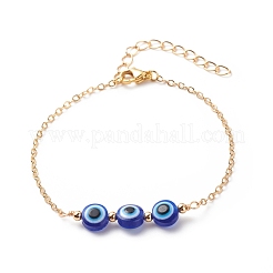 トリプルイービルアイレジンリンクブレスレット  女性のための金メッキ真鍮ジュエリー  ミックスカラー  7-1/4インチ（18.5cm）&nbsp;BJEW-JB08628