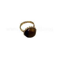 天然タイガーアイのハーフラウンド調節可能なリング  黄金の真鍮の指輪  ゴールドカラー  内径：18mm&nbsp;PW-WG44366-01