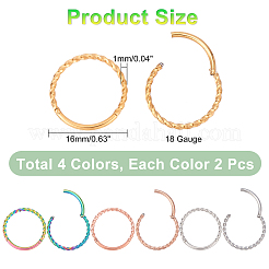 8個 4色 304ステンレススチール ツイストロープ ハギーフープピアス レディース  ミックスカラー  18ゲージ  16x1mm  2個/カラー&nbsp;STAS-DC0007-28
