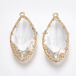 ガラスチャーム  真鍮パーツ  多面カット  ドロップ  ゴールドカラー  透明  31~32x15~16.5x8.5mm  穴：1.2mm&nbsp;GLAA-S179-17
