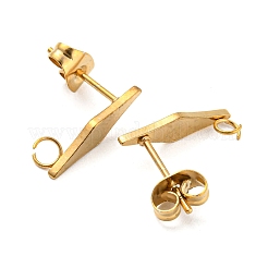 イオンプレーティング（IP）304ステンレススチールスタッドピアス金具  垂直ループ付き  菱形  ゴールドカラー  15x4mm  穴：2.5mm  ピン：0.7mm&nbsp;STAS-H180-18G