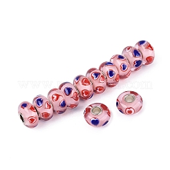 手作りのランプワークと真鍮芯のヨーロピアンビーズ  大穴ビーズ  ロンドル＆ハート  ピンク  13~15x7.5~8.5mm  穴：4~4.5mm&nbsp;LS-LAMP-N044-05S-01