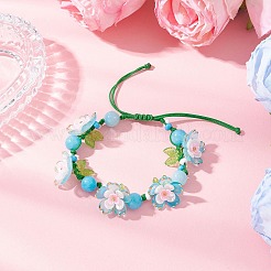 女性用花柄アクリルビーズ編みビーズブレスレット3個  ABSプラスチックと樹脂製の模造真珠ビーズキャップと染色された天然の馬山翡翠の丸いビーズ付き  ミックスカラー  内径：1-3/4~3インチ（4.5~7.5cm）&nbsp;BJEW-MZ00184