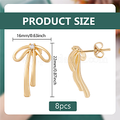 女性用キュービックジルコニア付き真鍮スタッドピアス4組  蝶結び  18KGP本金メッキ  22x16mm&nbsp;EJEW-BC0001-17G