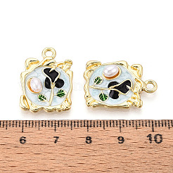 メッキ合金エナメルチャームラック  長方形と花  アブソリュートプラスチック模造パール  カドミウムフリー＆鉛フリー  ライトゴールド  ライトシアン  23x17x5mm  穴：2mm&nbsp;ENAM-N066-07KCG