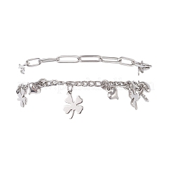 304ステンレススチールのペーパークリップとフィガロチェーンのブレスレット（女性用）  クローバー  7-3/8インチ（18.8cm）  2個/セット。&nbsp;BJEW-JB12445-03
