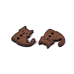 猫の形をした木製ボタン（穴2つ）  染め  サドルブラウン  19.5x20x2.5mm  穴：2.2mm&nbsp;BUTT-Q046-06B