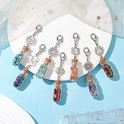7Pcs 7 Styles Chakra Natural & Synthetic Gemstone Chip Beads inside Glass Wishing Bottle Pendant Decorations&nbsp;HJEW-JM02344