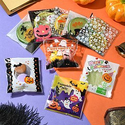 ハロウィンテーマのプラスチック製ベーキングウェアバッグ100個10色  粘着式  チョコレート用  キャンディ  クッキー  正方形  ミックスカラー  130x100x0.2mm  10個/カラー&nbsp;OPP-YW0001-05