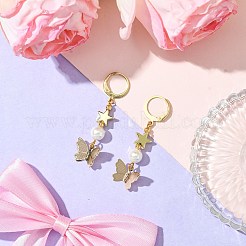 シェルパール＆真鍮フレンチフックピアス  304ステンレススチールピアスフック付き  蝶  ゴールドカラー  46x13mm&nbsp;EJEW-JE05997