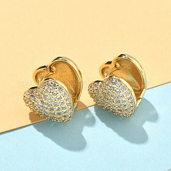 ハートブラスマイクロパヴェクリアキュービックジルコニアフープピアス  鉛フリー＆カドミウムフリー  長持ちメッキ  18KGP本金メッキ  13.5x13.5mm&nbsp;EJEW-A132-15G