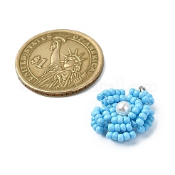ガラスシードビーズデイジーペンダント  シェルパール＆ステンレスカラーの丸カン付き  ライトスカイブルー  18~19x18x4mm  穴：3.5mm&nbsp;PALLOY-MZ00462-01