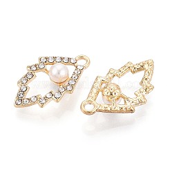 合金とラインストーンの模造真珠ペンダント  葉  ゴールドカラー  22x13.3x6mm  穴：2mm&nbsp;PALLOY-T092-06G
