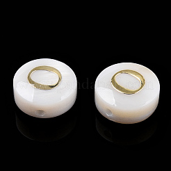 天然淡水シェルビーズ  金メッキ真鍮エッチング金属装飾付き  アルファベット付きフラットラウンド  アルファベットのO  7.5~8x4~5mm  穴：0.8mm&nbsp;SHEL-N036-01O