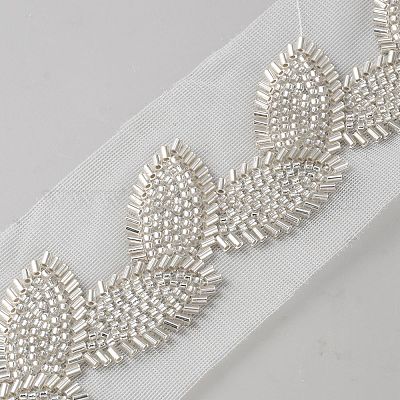 ガラス シードビーズ 葉 メッシュ 布 レース リボン  ホワイト  2-1/2インチ（65mm）&nbsp;DIY-WH0661-69A-1